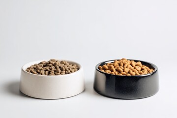 Brown Kibble Pet Food in Two White and Black Bowls. Lot of Dry Granules of Crunchy Dog or Cat Food. Animal Feed Pile. Pet Shop, Delivery. Healthy Treat. Feline Feeding. Domestic Animals Food Banner