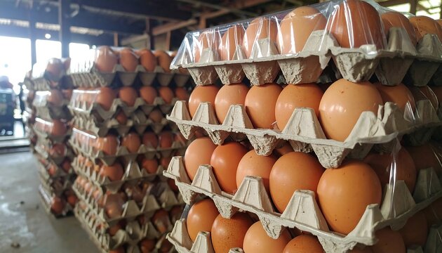 Stacked, brown eggs, packed neatly in cardboard cartons, ready for distribution, inside a warehouse setting