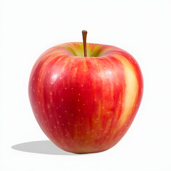 A single ripe red apple with yellow streaks on a white background
