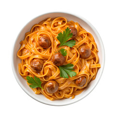 Tagliatelle Pasta with Creamy Tomato Sauce and Meatballs Garnished with Parsley in a White Bowl on transparent Background