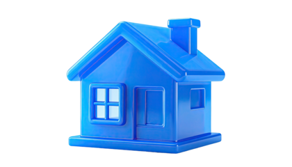 A bright, minimalist blue house model against a solid black backdrop