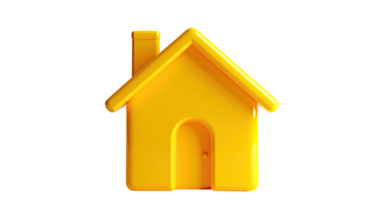 A 3D rendered house icon in vibrant yellow, with a chimney and arched doorway