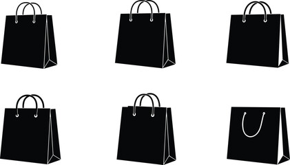 Black shopping bags with white handles, retail packaging mockup, minimal design, isolated icons for branding, ecommerce, fashion, and merchandise display