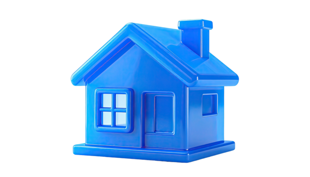 A bright, minimalist blue house model against a solid black backdrop