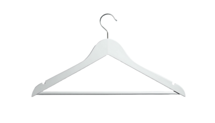 A white wooden clothing hanger with a metallic hook, isolated on a black background