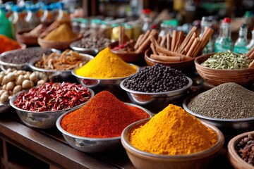 Colorful Spices Displayed in Bowls at a Market