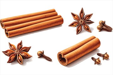 Vector art of aromatic spices cinnamon sticks, star anise, and cloves, arranged in a visually appealing composition for culinary and holiday themes