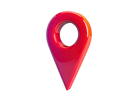 3D glossy location pin rendered with a gradient, hovering against a dark background - Powered by Adobe