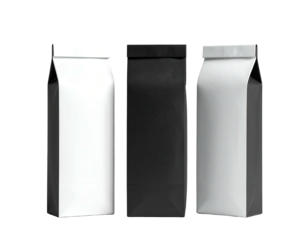 Three blank, vertically oriented, food packaging bags, in white, black, and white color variations