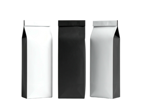 Three blank, vertically oriented, food packaging bags, in white, black, and white color variations
