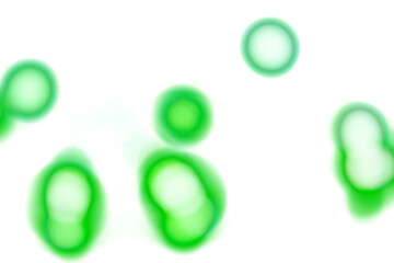 Green glowing light spots on transparent background. Abstract round soft blur highlights, bright luminous circles with smooth edges. Digital glow effect for overlays, decoration and creative design.