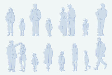 flat minimal people male and female vector illustration in winter clothing concept isolated set collection. Outline with silhouette shadow. For architecture rendering, design, info graphic, media