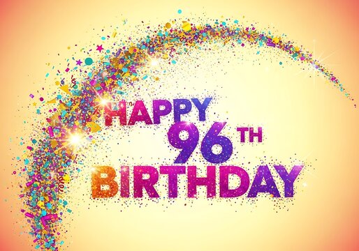 Sparkling "Happy 96th Birthday" greeting with a golden burst of colorful confetti and glitter, radiating light on a warm, celebratory background, perfect for milestone events.