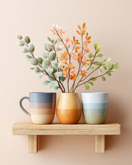 Three ceramic cups and vase with pastel color minimalist design, wooden shelf, watercolor style, soft light, cozy home decor, artificial foliage, calm atmosphere