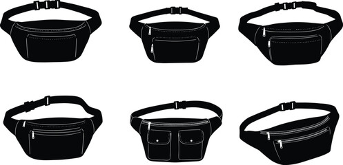 Waist bag silhouette set, fanny packs, zipper pockets, buckle straps, rounded shapes, utility gear, fashion icons, minimalist design, black profiles