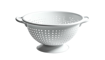 White, round kitchen tool with numerous holes and handles, suitable for straining