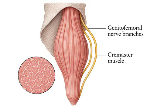 Anatomical illustration of the cremaster muscle and genitofemoral nerve branches.