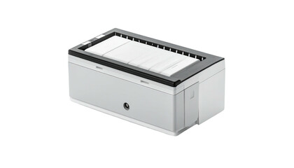 Modern, rectangular, office machine with paper tray, light gray, on a dark background