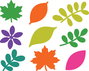 Obraz premium Colorful leaf silhouette collection with bright seasonal foliage shapes, abstract botanical vector elements for decoration, design, nature, and eco themes