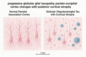 Obraz premium Microscopic view of the brain showing normal parietal association cortex compared to globular oligodendroglial tau with cortical atrophy, illustrating neurodegenerative changes.