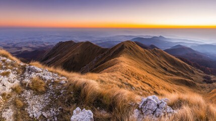 alpine. Panoramic alpine landscape at dusk with warm golden light on mountain peaks. travel magazines, destination branding, designed for outdoor magazines and nature guides.