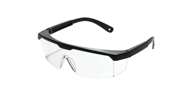 Clear safety eyewear with black frames, protecting eyes. White background
