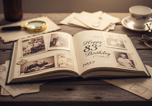 Open vintage photo album with old black and white photographs and 'Happy 83rd Birthday' inscription, surrounded by antique items and letters.