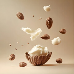 Delicious ice cream dessert with nuts and chocolate in a dynamic freeze motion