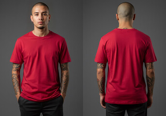 Tattooed Skinhead Male Model in Red Tee Mockup Front and Back View