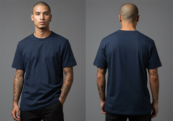 Tattooed Skinhead Male Model in Navy Blue Tee Mockup Front and Back View