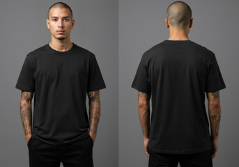 Tattooed Skinhead Male Model in Black Tee Mockup Front and Back View
