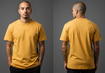Tattooed Skinhead Male Model in Gold Yellow Tee Mockup Front and Back View