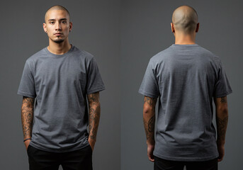 Tattooed Skinhead Male Model in Dark Grey Tee Mockup Front and Back View