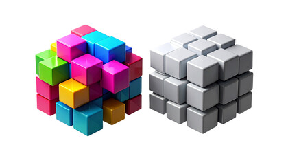 3D colorful and monochrome geometric cube clusters isolated on transparent background