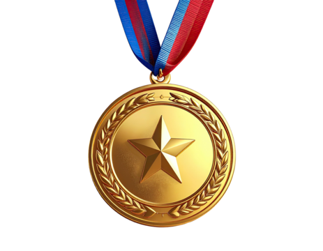 A golden medal with a star, laurel wreath, and a tricolor ribbon against black
