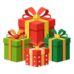 Obraz premium Vector illustration of a group of four stacked gift boxes in various sizes and colors, tied with ribbons and bows, isolated on a