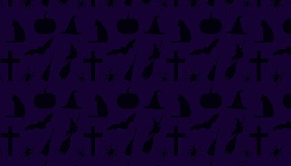 Seamless Halloween background. Pumpkin, witch on broom, bat, tombstone and spider. Spooky Halloween background. Design for textile fabric, wrapping paper, website wallpaper, textile, wallpaper.