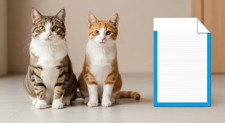 Two adorable kittens posing next to a blank note for important reminders