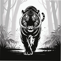 Proud Sumatran Tiger Black and White Silhouette Vector
