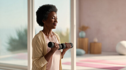 Senior woman exercising with dumbbells indoors, promoting healthy aging and wellness.