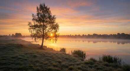 Sunrise over tranquil lake with tree silhouette and hazy atmosphere