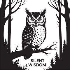 Black and White Owl Silhouette on Branch in Forest