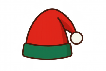 Festive christmas elf hat illustration with red bell and green brim on transparent background