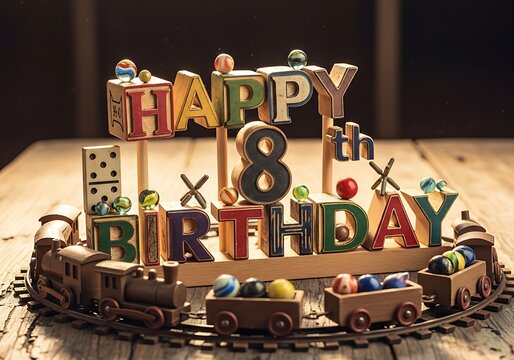 Festive wooden "Happy 8th Birthday" letters arranged with a toy train and colorful elements on a rustic surface, celebrating an eighth birthday.