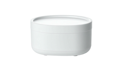 A white, cylindrical container with a lid, isolated on a black background
