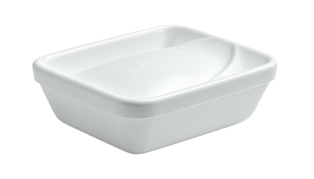 Plain white rectangular soap dish with a slightly curved area for holding soap