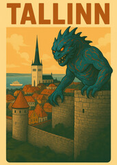 Tallinn Kaiju Monster Attack City Poster, Retro Mid-Century Travel Advertisement with Giant Creature Climbing Old Town Walls