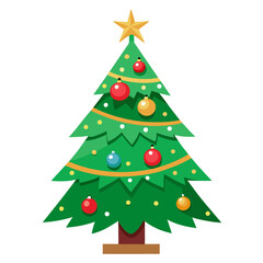 Vector illustration of a festive green christmas tree decorated with colorful ornaments and a golden star on top