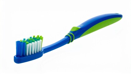 Toothbrush with blue and green handle featuring a rubber grip, angled slightly to the right, with multi-colored bristles in white, blue, and green, placed on a white background to highlight ergonomic 