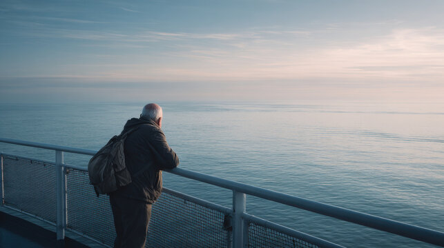 Senior man contemplates the sea, reflecting on life's journey and peaceful moments. An elderly man stands on a deck, gazing out at the tranquil ocean.